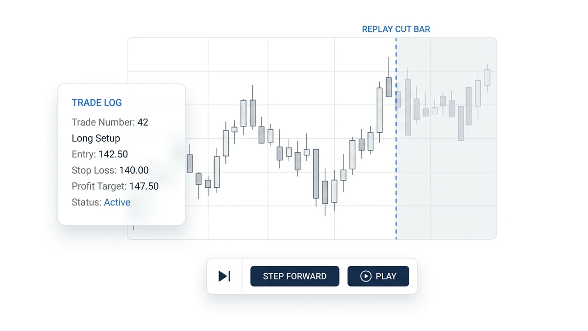 Bar replay simulation diagram showing hidden future candlesticks behind a replay cut bar with step forward controls and an active trade log card