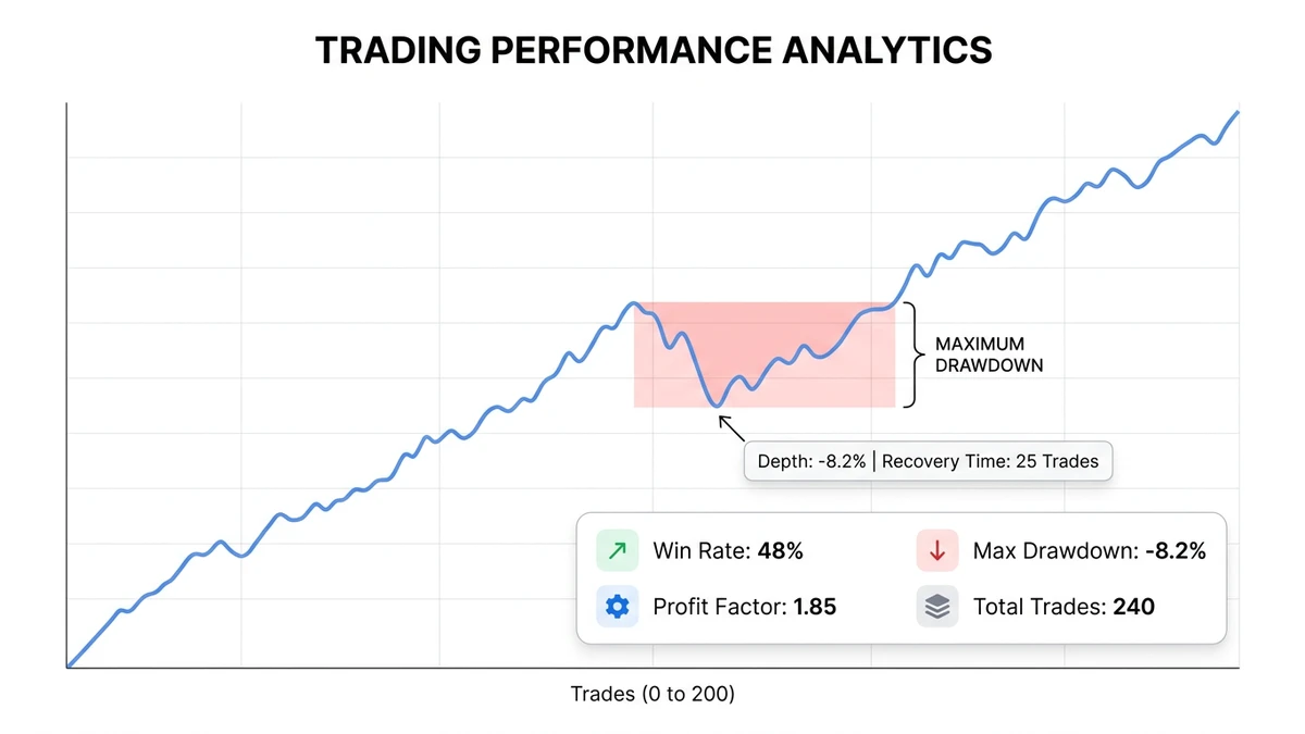 Trading performance analytics diagram displaying an account equity curve over 240 trades, highlighting maximum drawdown depth and core performance metrics