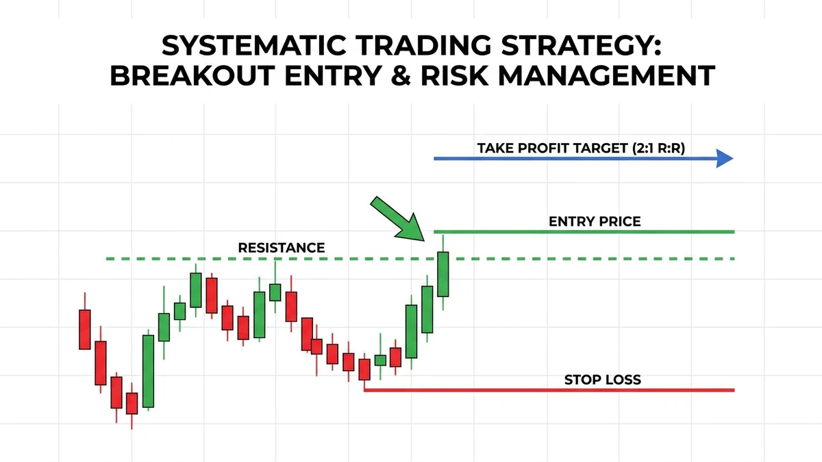 Technical diagram showing a systematic trading strategy rule set on a candlestick chart with marked entry price, stop loss, and take profit target