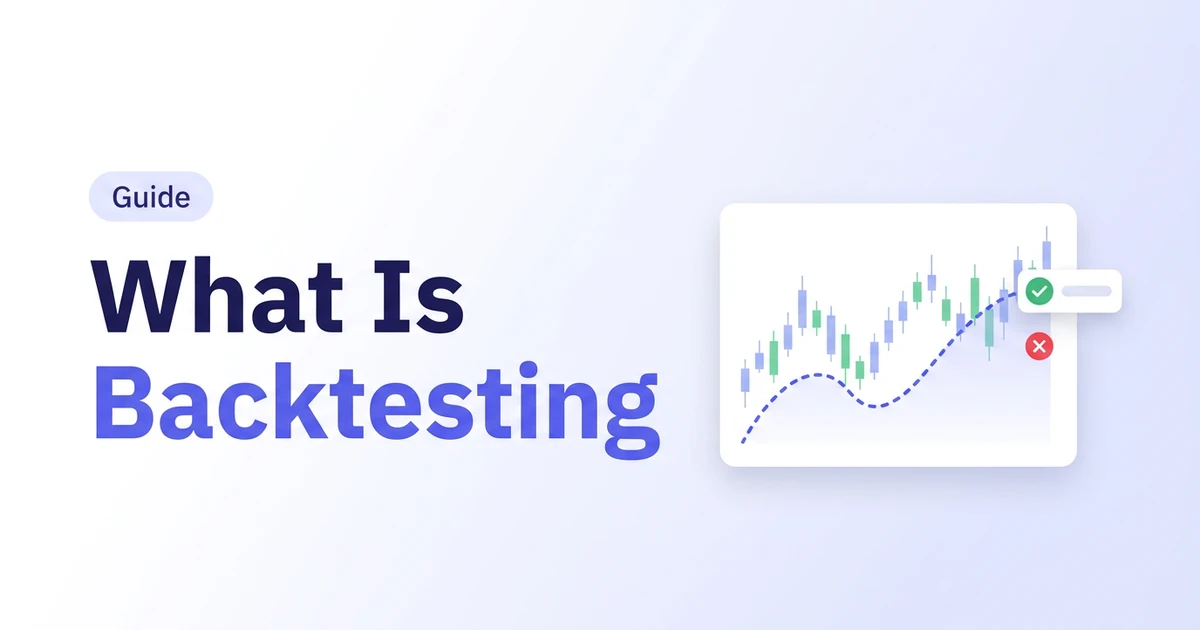 What Is Backtesting — a flat illustration of a candlestick chart with a dashed historical equity curve and a pass/fail result tag.