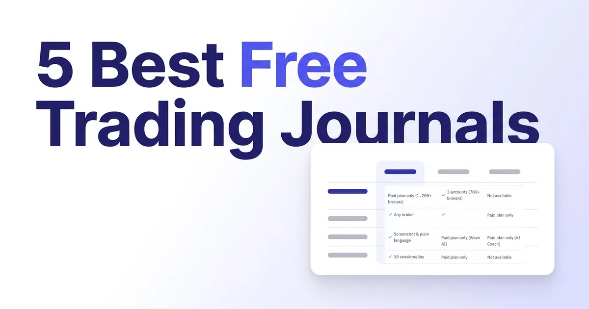 5 best free trading journals for 2026 — comparison cover showing a feature table for Traders Journal, TraderWaves, Stonk Journal, UltraTrader and TradesViz.