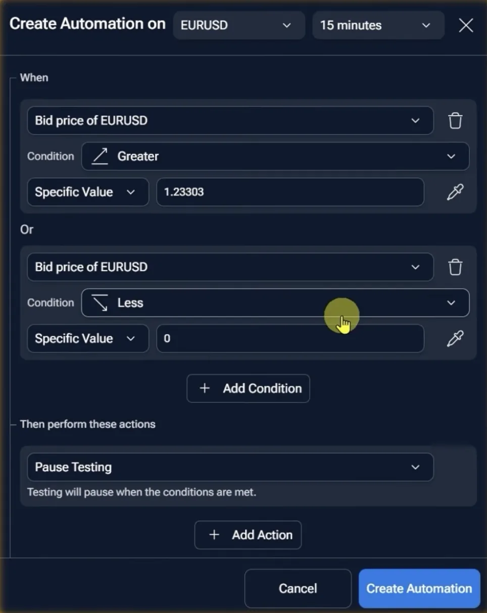 Forex Tester's automation builder: a simple condition on price that triggers one action, such as pausing the test.