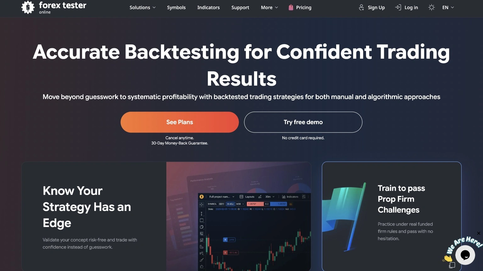 Forex Tester homepage showing tick-level backtesting and prop firm challenge simulation