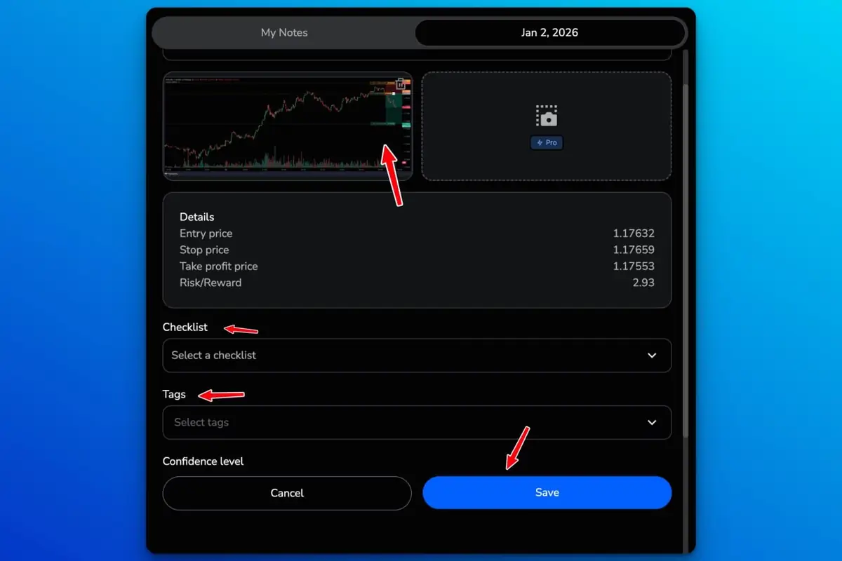 FXReplay journal entry showing trade details, checklist, tags, and confidence level.