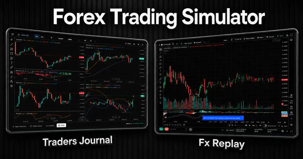 Forex trading simulator comparison showing Traders Journal and FXReplay charting platforms.