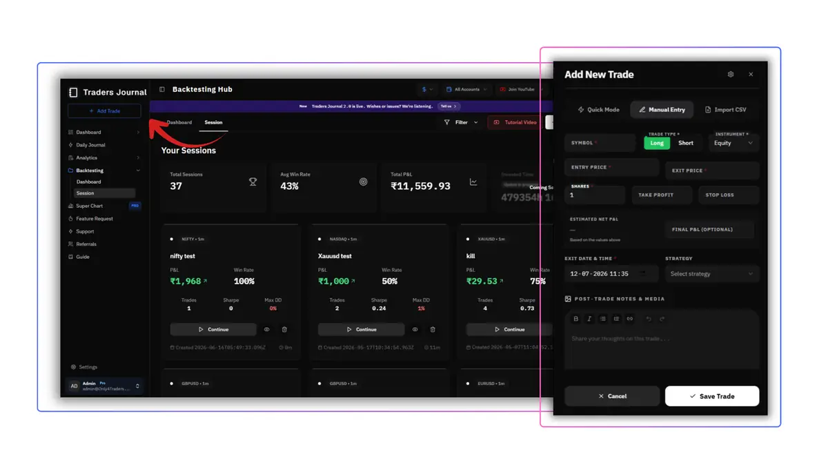 Traders Journal's Add New Trade modal in Manual Entry mode, next to the Backtesting Hub session list