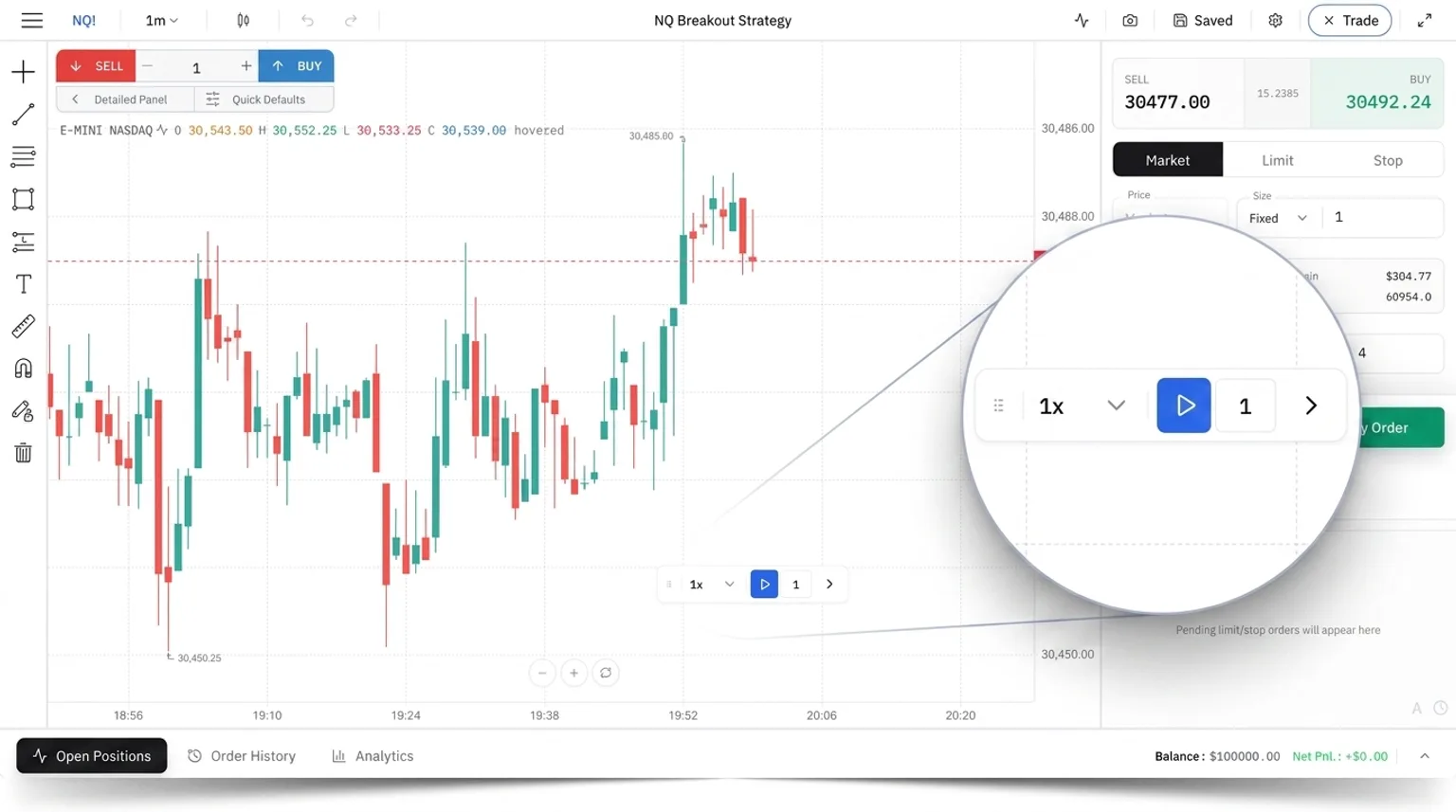 Traders Journal bar-replay interface mid-trade on NQ, with the order panel and position size open