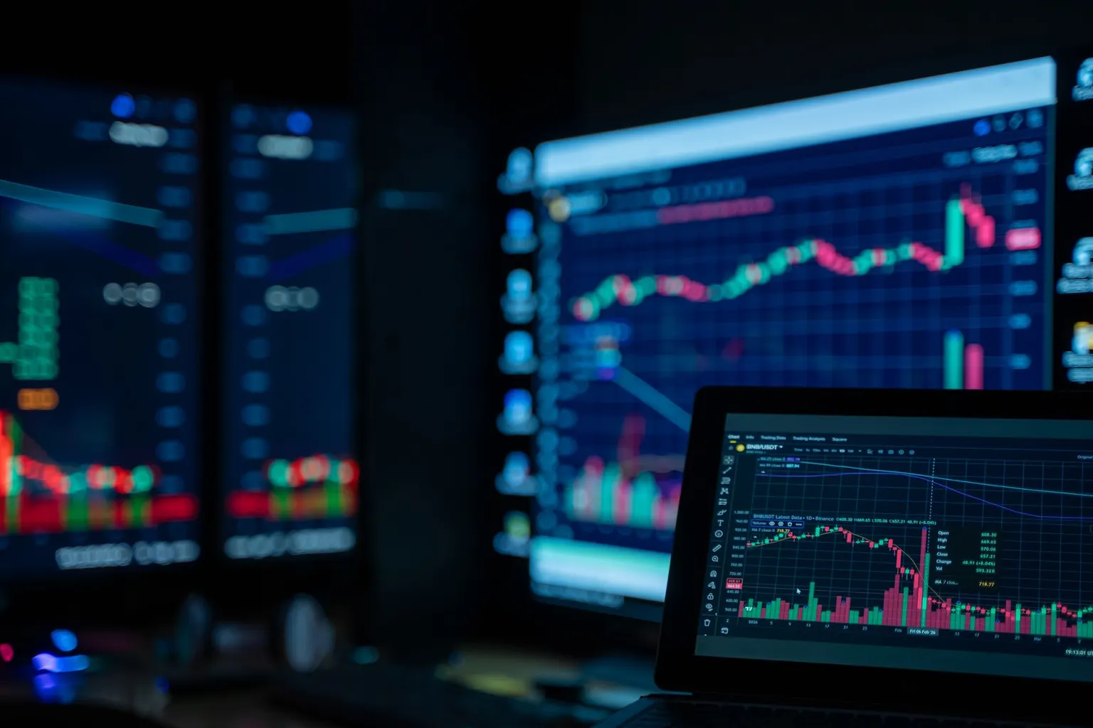 Multiple monitors displaying futures and index price charts side by side