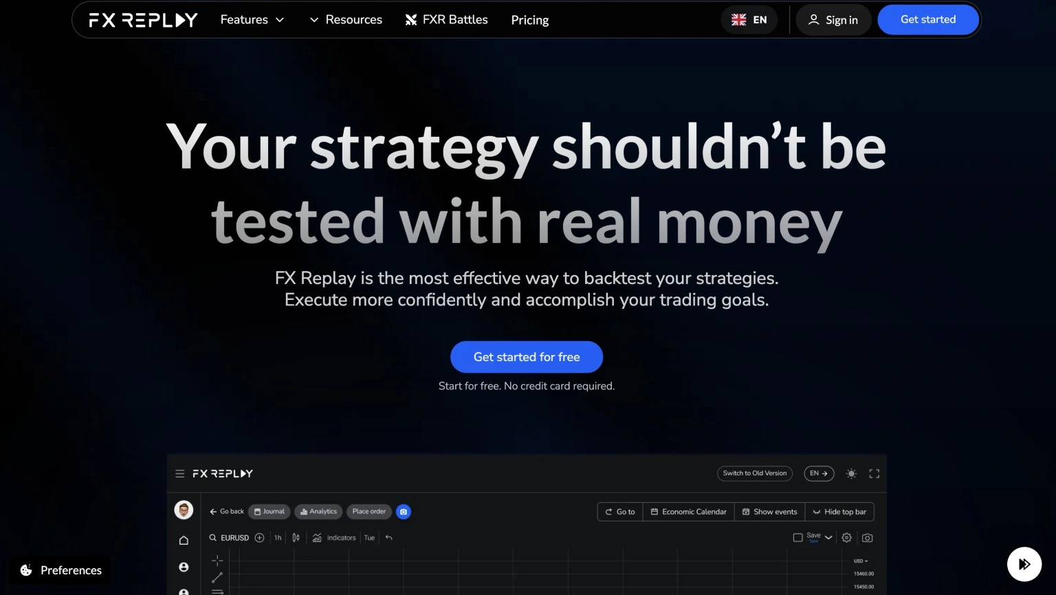 FXReplay homepage showing its forex bar replay and backtesting interface