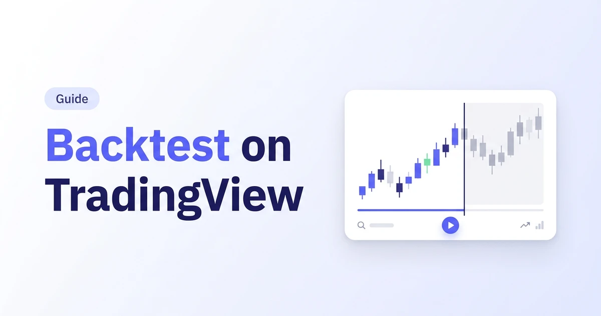 How to backtest on TradingView — cover image showing a candlestick chart with a bar-replay playhead marker splitting historical candles from greyed-out future candles.