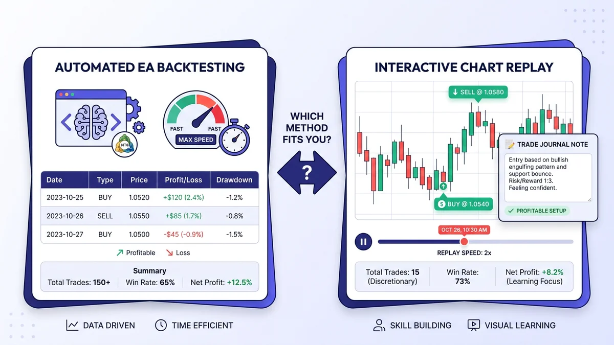 Comparison diagram of automated MT4 Strategy Tester algorithmic backtesting versus interactive chart replay