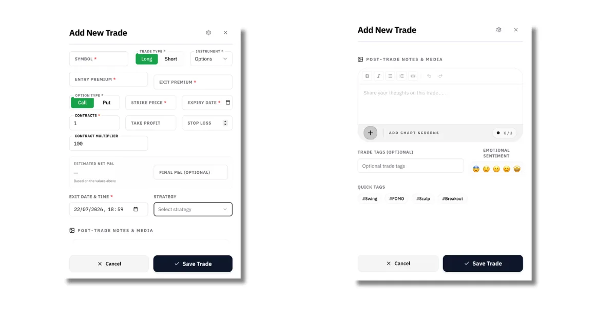 Traders Journal trade entry form with instrument type set to Options, showing Call/Put toggle, Strike Price, and Expiry Date fields
