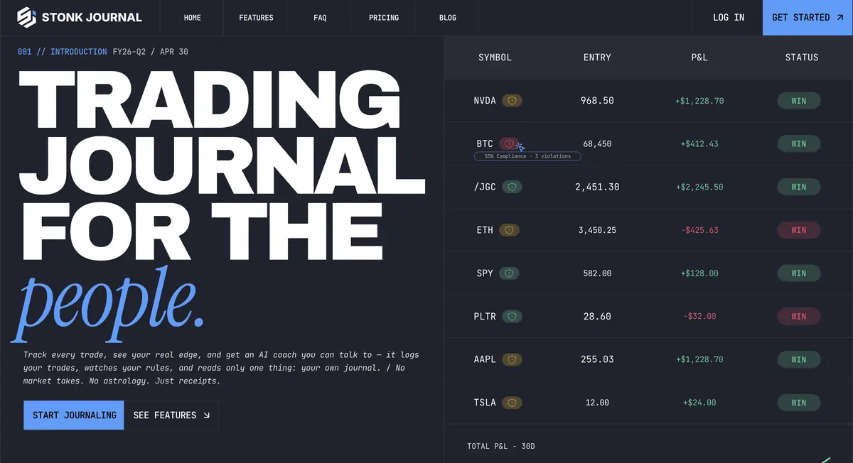 Stonk Journal homepage showing its trade journal and performance table