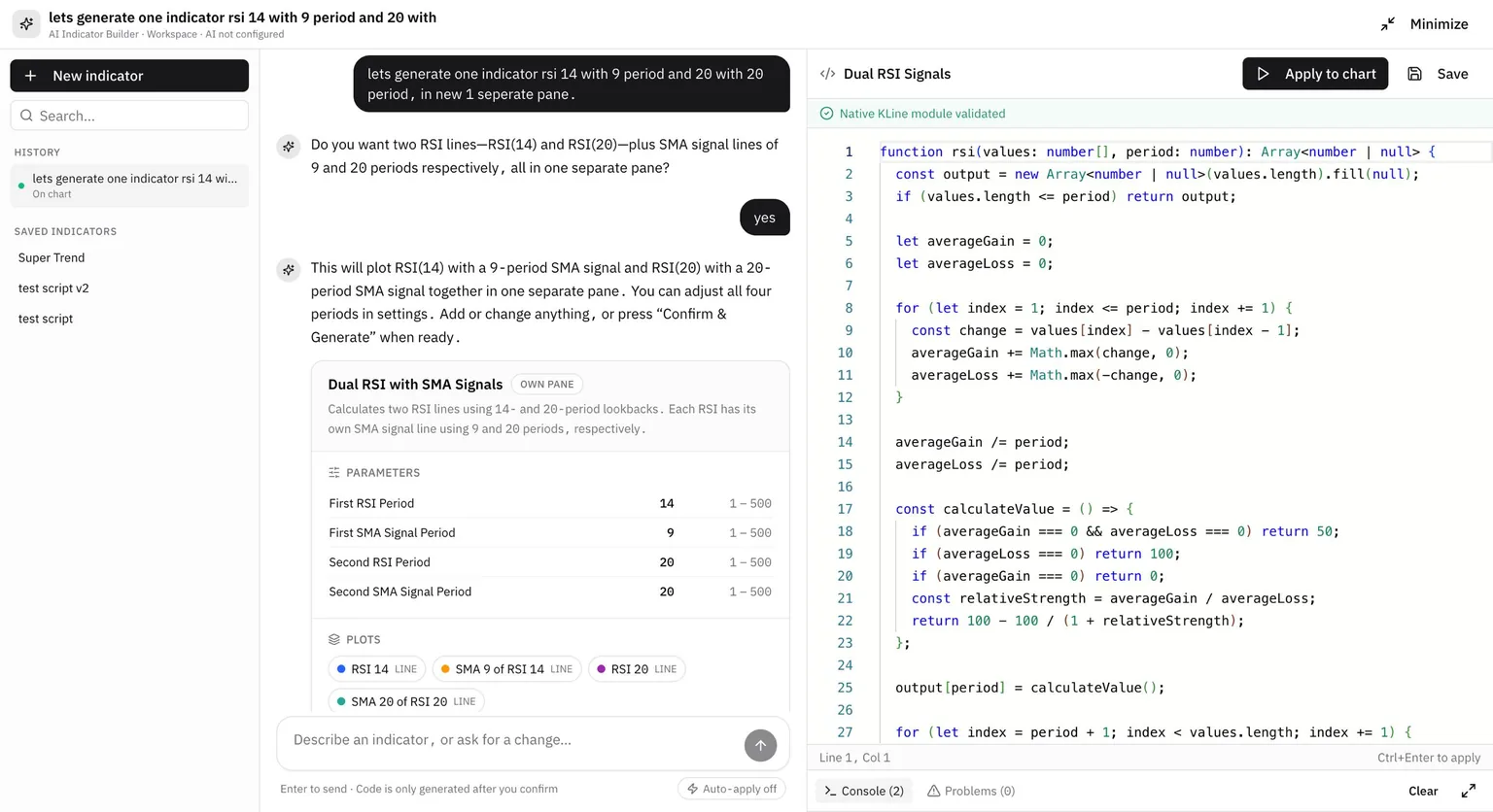 Traders Journal's AI-based indicator builder (beta) turning a plain-language request into a working custom indicator.