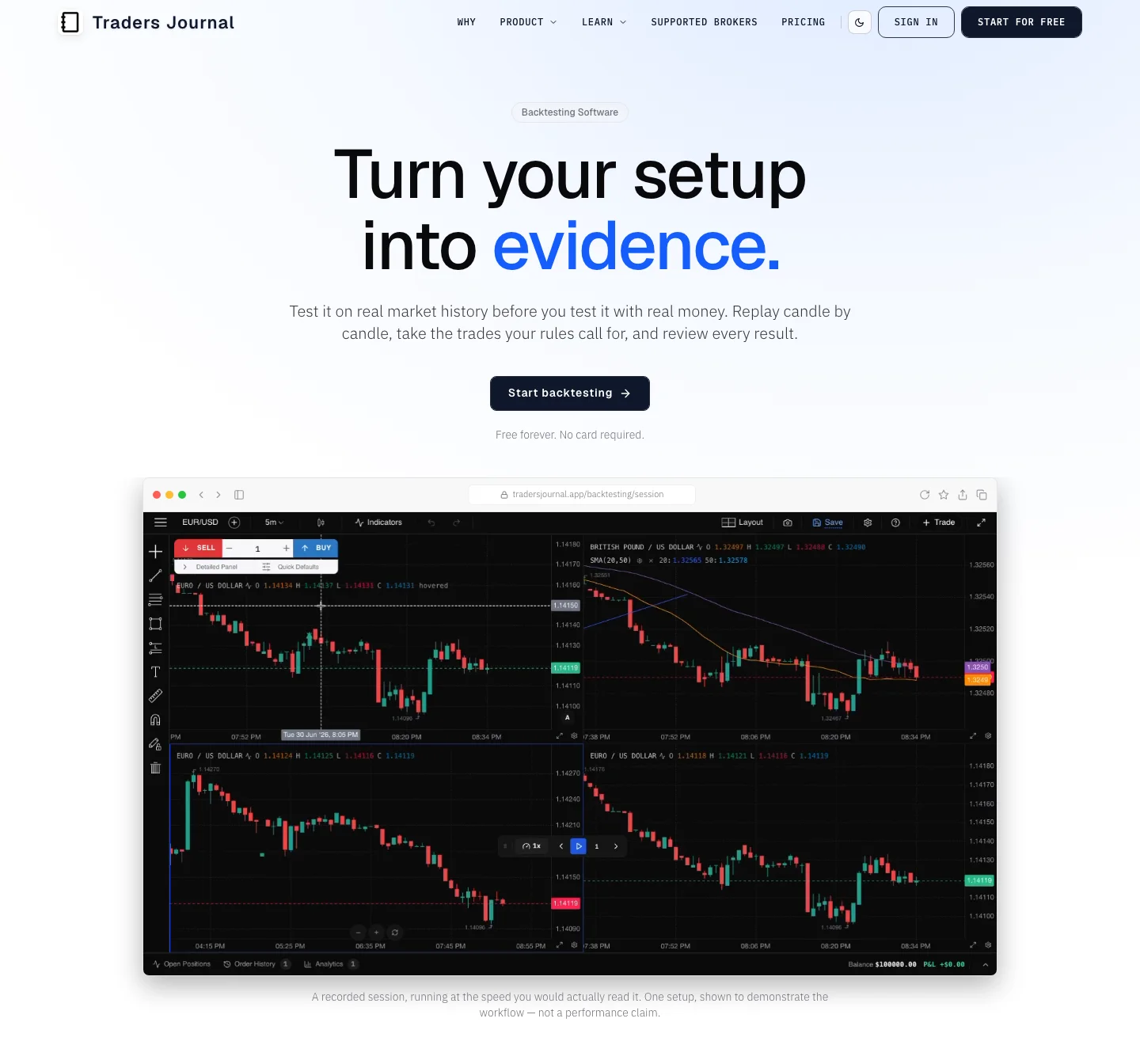 Traders Journal bar replay and trade logging interface for manual backtesting