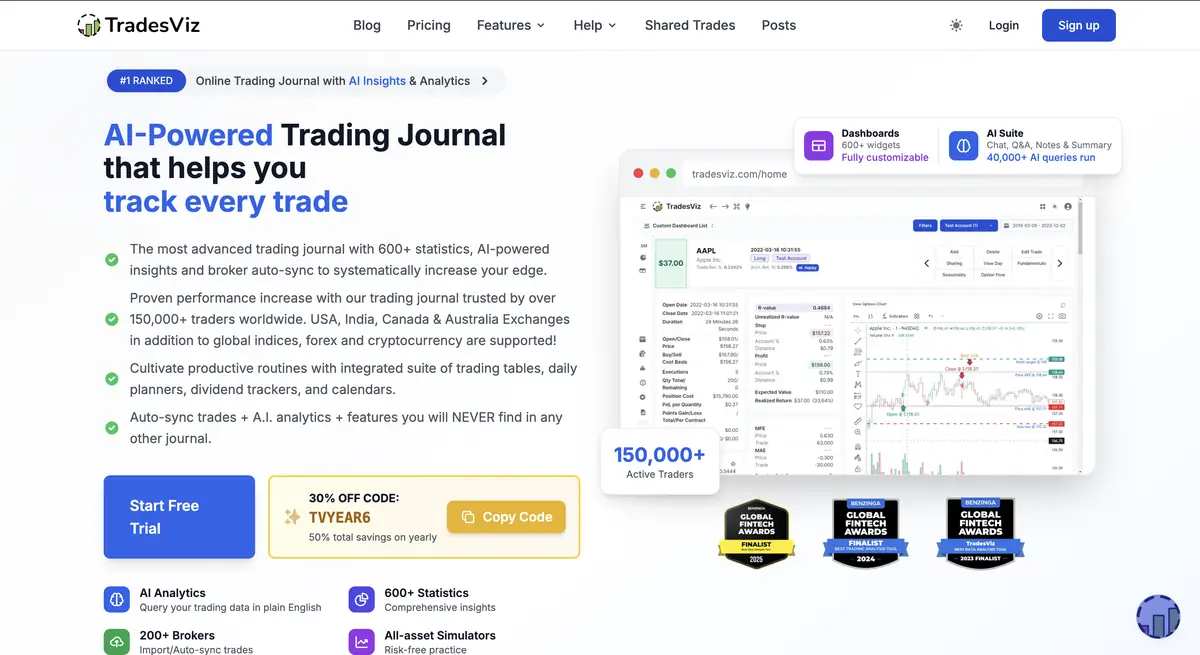 TradesViz homepage showing its trading journal analytics and dashboard