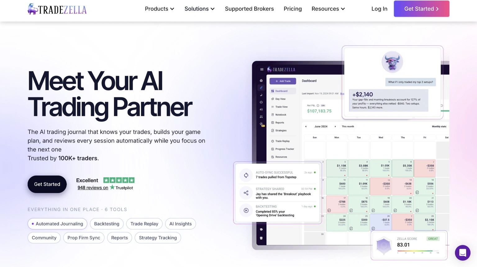 Tradezella homepage showing its AI-powered trade journaling and backtesting dashboard
