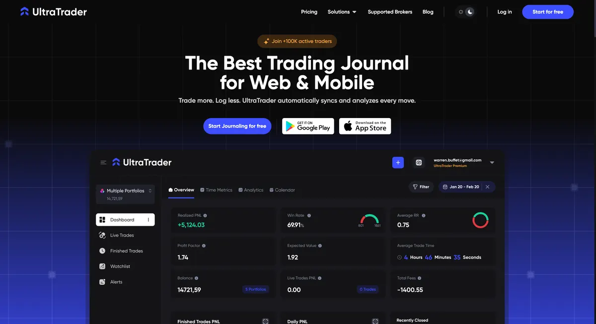 UltraTrader homepage showing its mobile trading journal dashboard and performance metrics