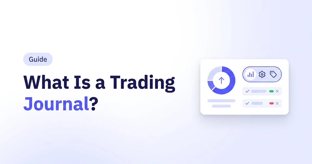 What Is a Trading Journal? — a flat illustration of a trade-review card with a win-rate ring chart and tagged setup pills.