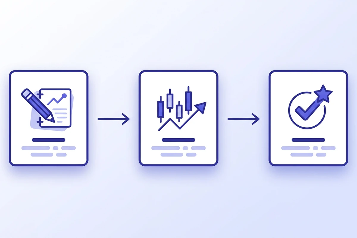 The three-step trading journal workflow: pre-trade notes, entry details, then post-trade review