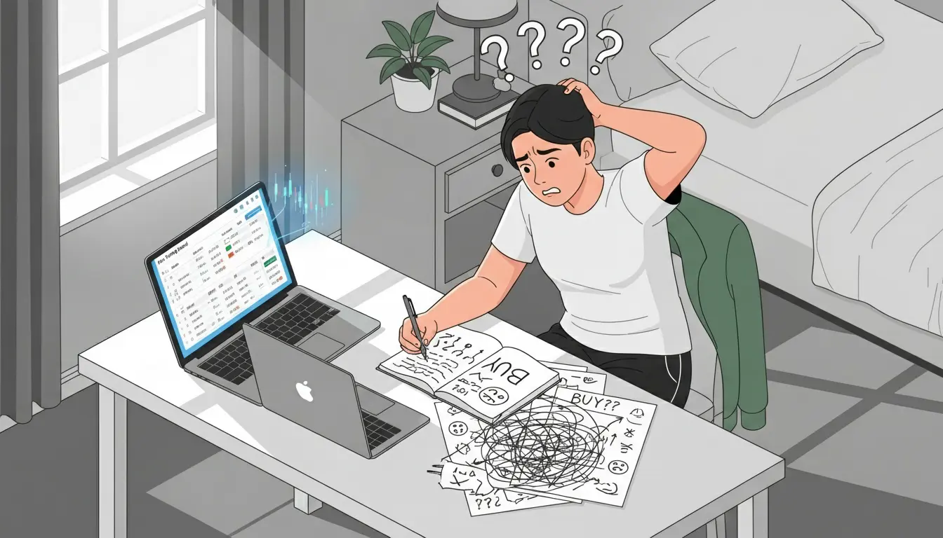 A trader reviewing charts and writing notes in a trading journal