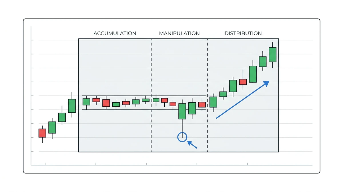 Illustrative candlestick chart showing a 90-minute cycle split into accumulation, manipulation, and distribution phases, with a blue arrow marking the manipulation wick and the follow-through move higher