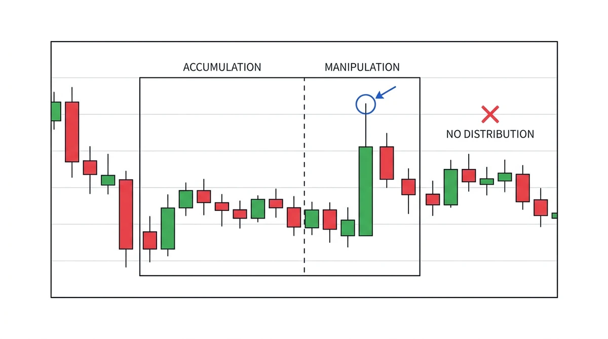 Illustrative candlestick chart showing accumulation and a manipulation wick above the range, followed by sideways chop with no real distribution move, marked with a red X