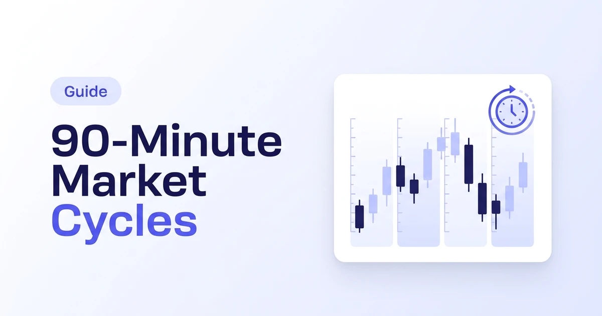 90-Minute Market Cycles: a candlestick chart card divided into four evenly stacked time blocks next to a clock icon