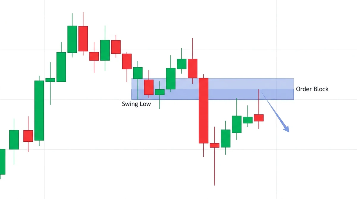 Illustrative candlestick chart showing price breaking cleanly through an order block zone, followed by a retest of the broken level from below acting as resistance