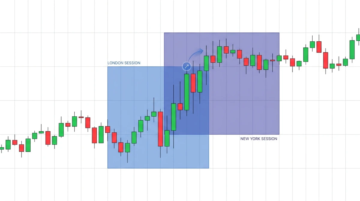 Illustrative candlestick chart showing London and New York session boxes overlapping, with elevated volatility and directional continuation in the overlap window