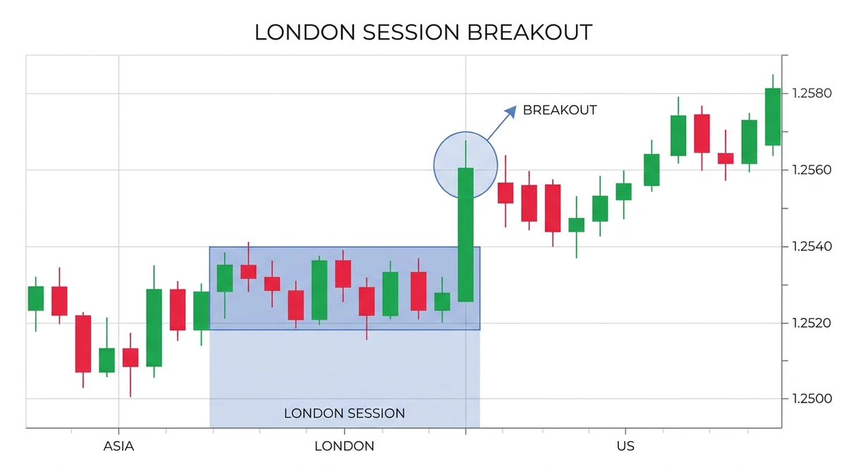 Illustrative candlestick chart showing a quiet early Asian session followed by a sharp expansion candle breaking above the London session box high