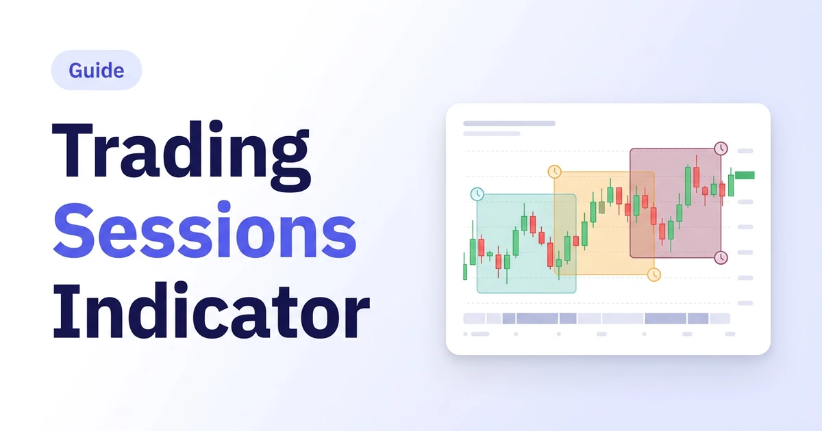 Trading Sessions Indicator: a candlestick chart with distinct colored session boundary boxes marking Tokyo, London, and New York market hours