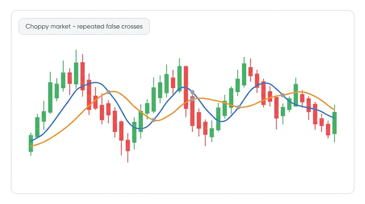 Illustrative candlestick chart of a sideways, range-bound market where the fast and slow moving averages cross back and forth repeatedly with no sustained trend