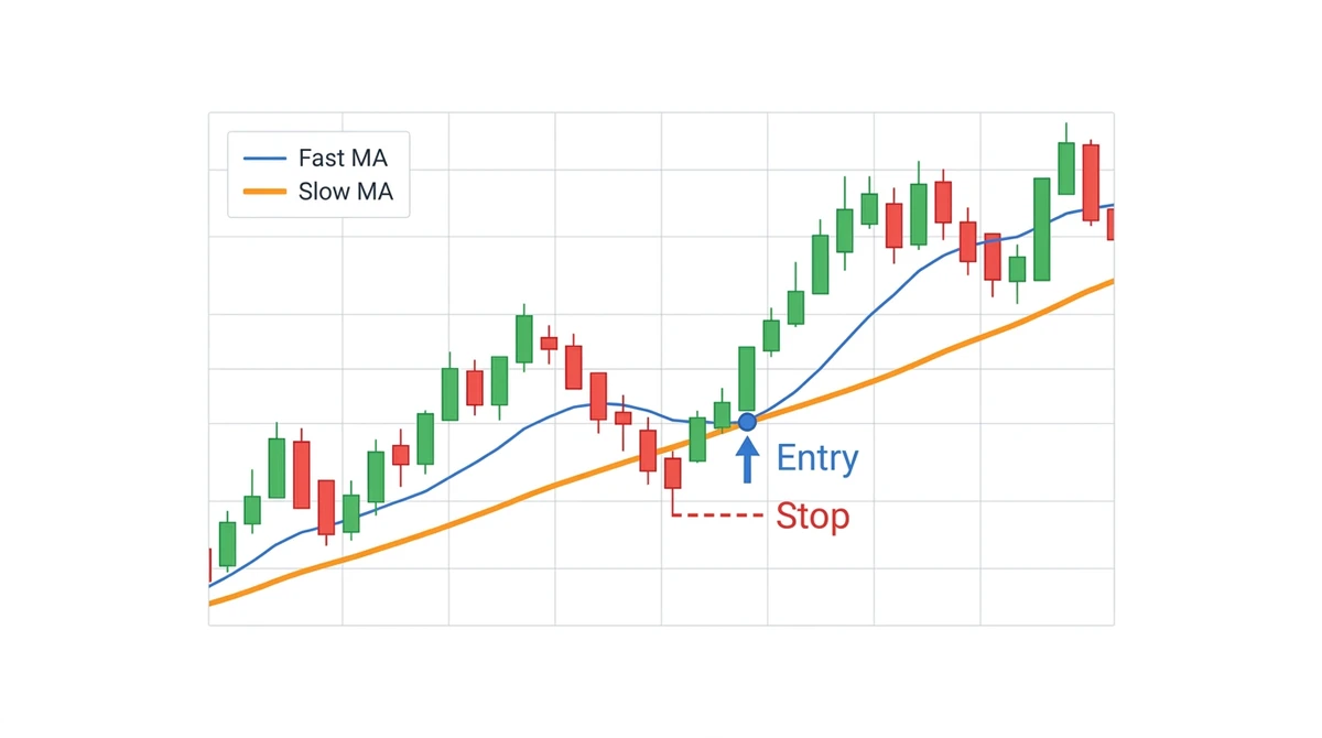 Illustrative candlestick chart marking an entry at a moving-average cross and a stop below the most recent swing low