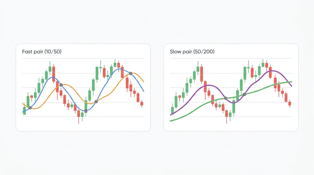 Illustrative side-by-side comparison of a 10/50 moving average pair crossing three times versus a 50/200 pair crossing once on the same price data