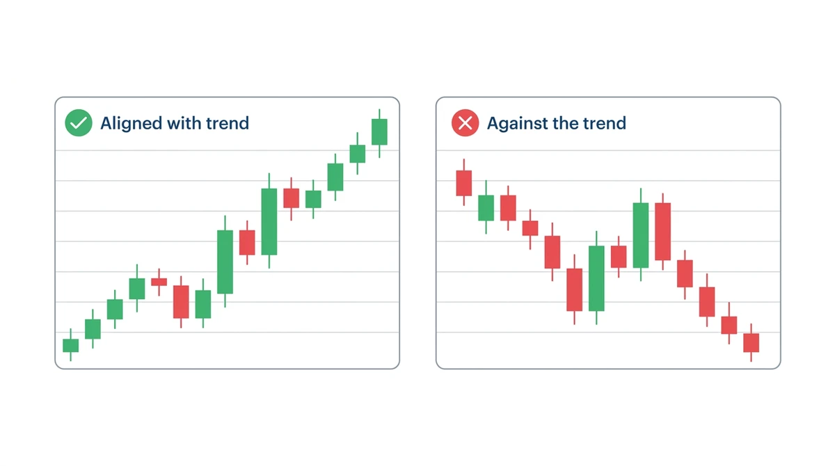 Illustrative side-by-side comparison of a bullish candlestick pattern taken during an uptrend versus the same pattern skipped during a downtrend