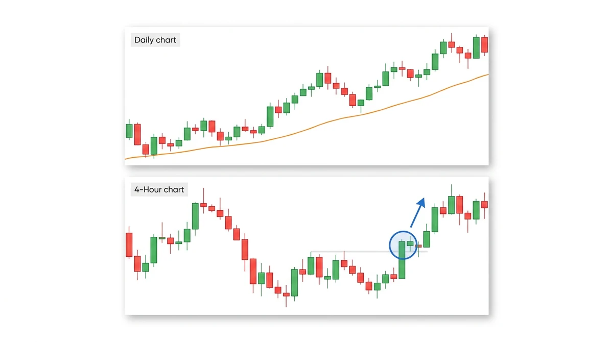 Illustrative dual-panel chart: a daily chart trending upward above a rising moving average, and a 4-hour chart below it marking a breakout above a short-term swing high as the entry