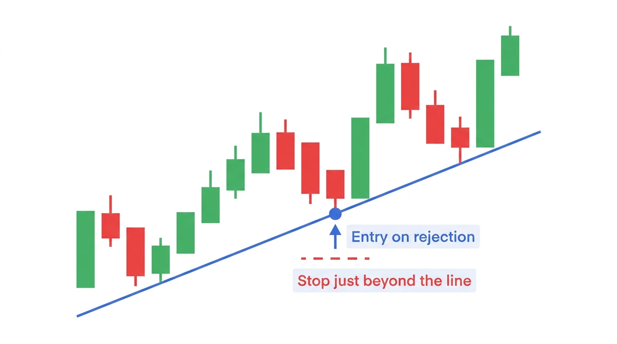 Illustrative candlestick chart showing an entry on a rejection candle at a trendline and a stop placed just beyond the line