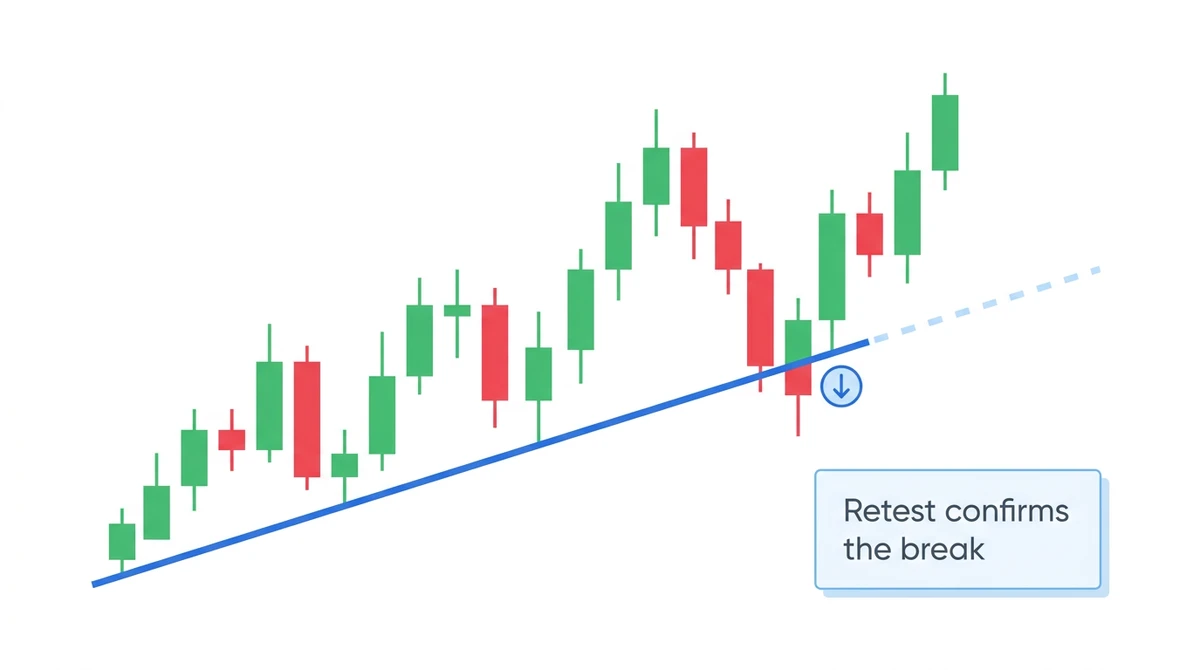 Illustrative candlestick chart showing price breaking below a trendline and then retesting it from underneath, with the old trendline now acting as resistance
