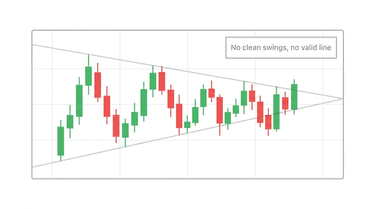 Illustrative sideways, range-bound candlestick chart with no clear sequence of higher lows or lower highs, showing two conflicting attempted trendlines