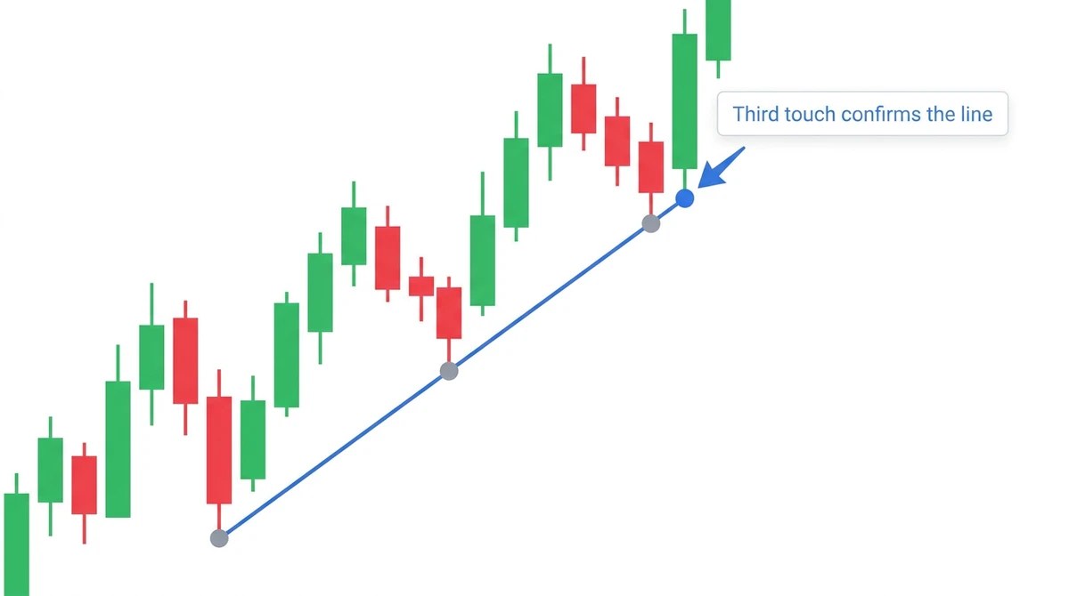Illustrative uptrend candlestick chart with a trendline connecting three swing lows, the third touch point highlighted as the point the line becomes valid