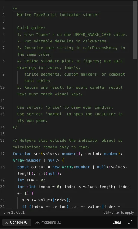 The script editor open on a native TypeScript indicator starter, with a guide comment explaining calcParams, calcParamsMeta and the standard plot figures.