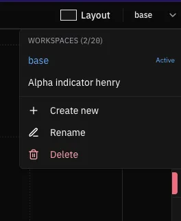 The workspace switcher, showing two saved workspaces out of a twenty-workspace ceiling, with options to create, rename or delete one.