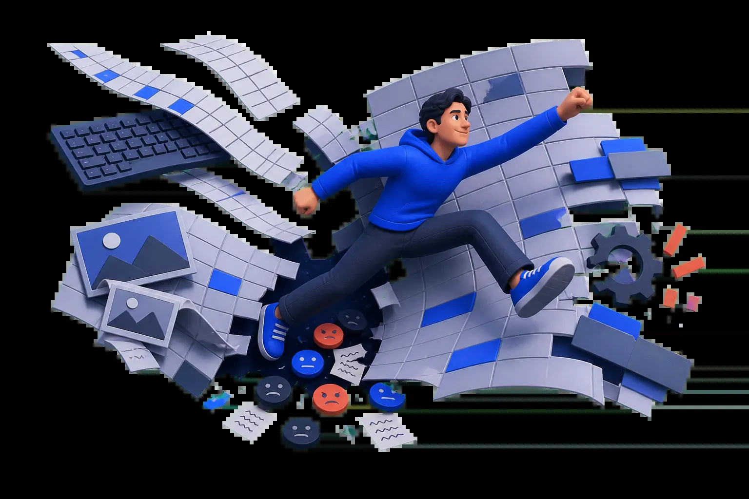 A trader breaking free from a spreadsheet as rows, screenshots, emotions, and broken formulas scatter around him.