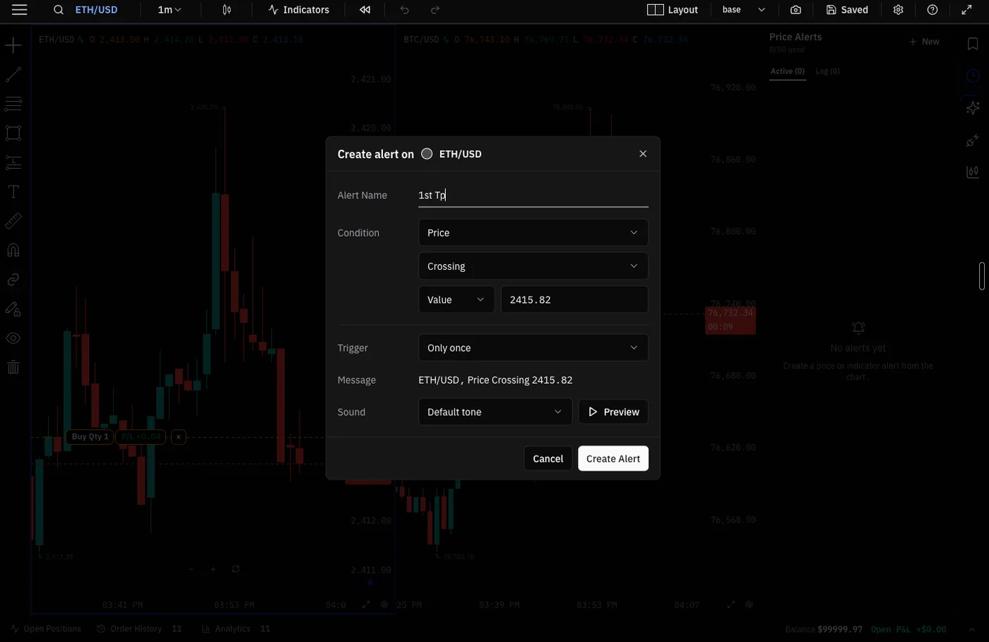 The Super Charts alert editor open over a chart, creating an alert on ETH/USD with the condition set to price crossing a value, a trigger of only once, and a notification sound.