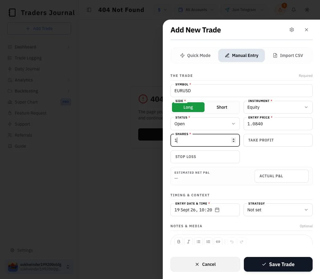Add New Trade form with the status set to Open, showing no exit price or exit time fields